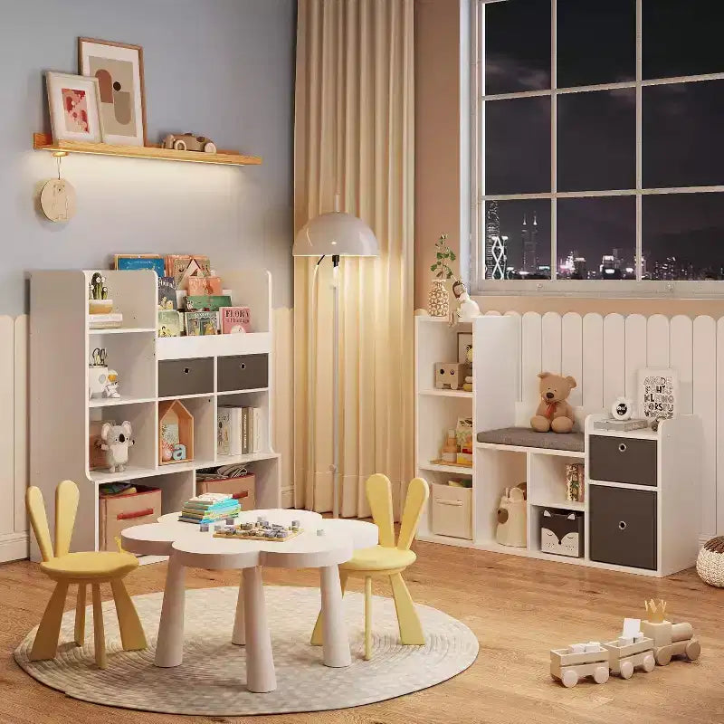 Étagère à livres et meuble de rangement pour jouets pour enfants avec coin lecture et coussin