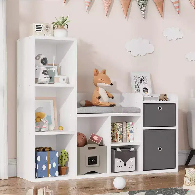 Étagère à livres et meuble de rangement pour jouets pour enfants avec coin lecture et coussin