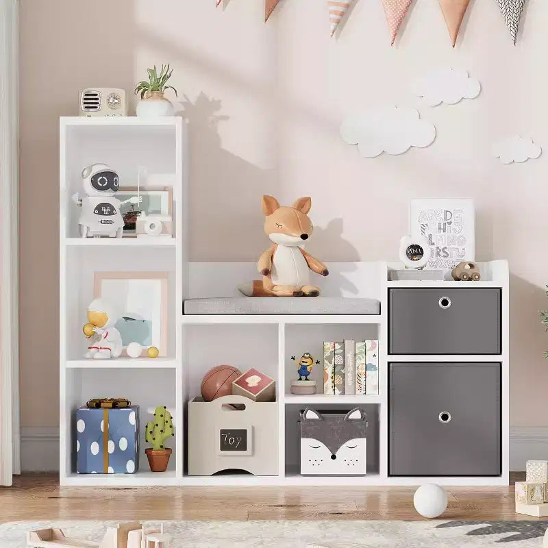Étagère à livres et meuble de rangement pour jouets pour enfants avec coin lecture et coussin
