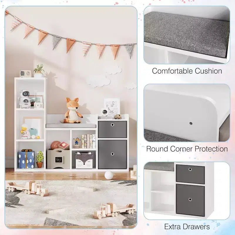 Étagère à livres et meuble de rangement pour jouets pour enfants avec coin lecture et coussin