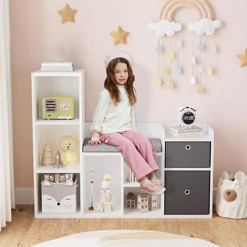 Étagère à livres et meuble de rangement pour jouets pour enfants avec coin lecture et coussin
