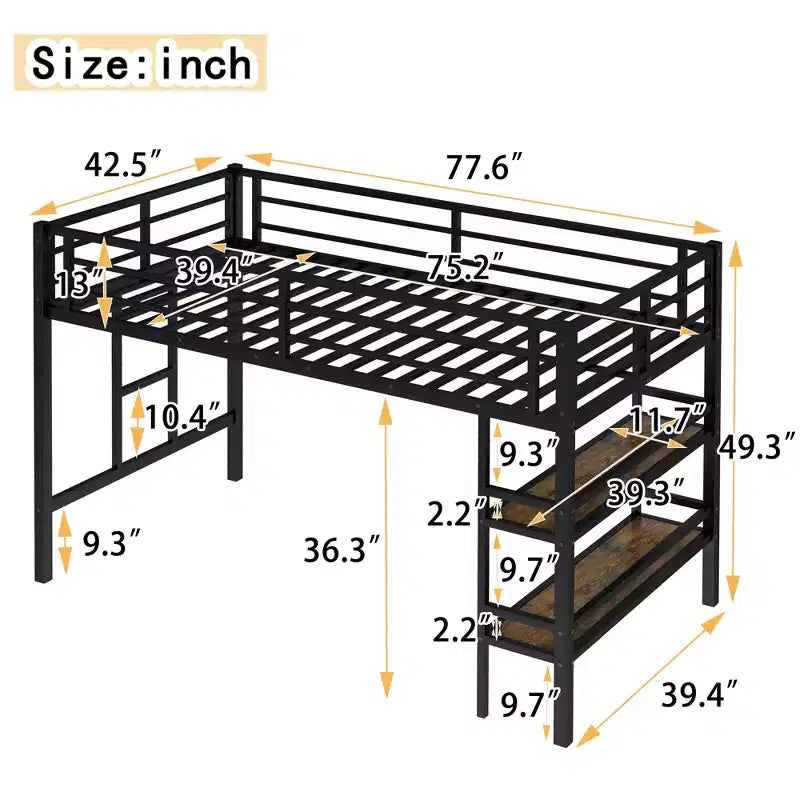 Lit mezzanine double en métal noir avec étagère de rangement