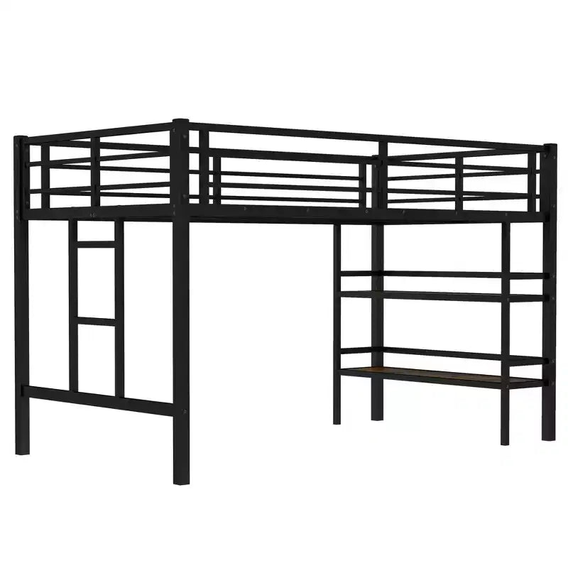 Lit mezzanine double en métal noir avec étagère de rangement