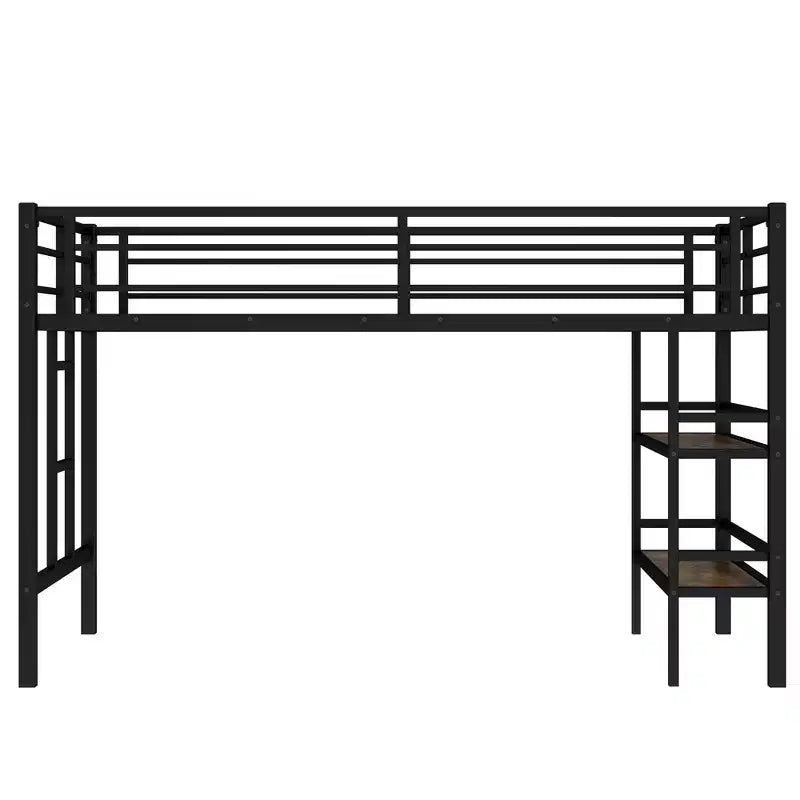 Lit mezzanine double en métal noir avec étagère de rangement