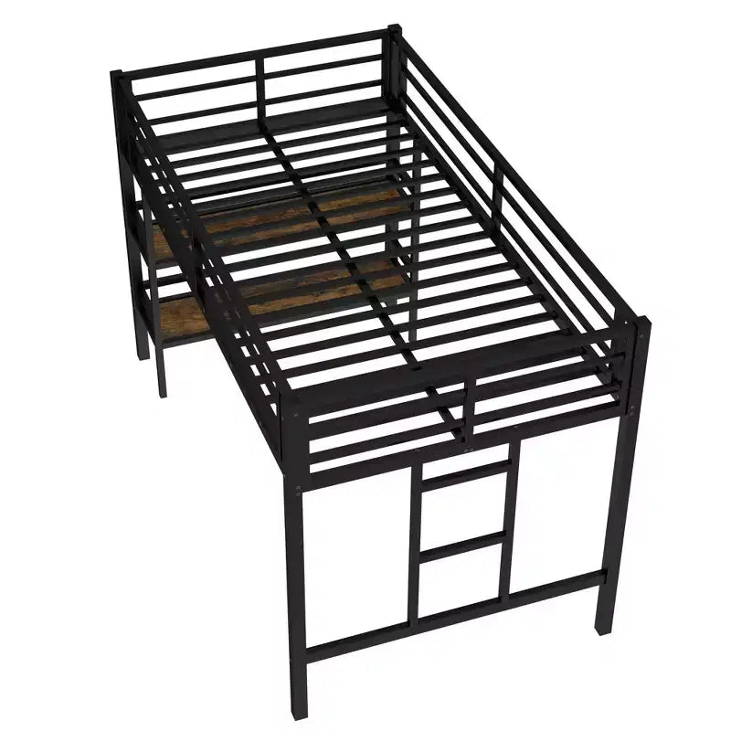 Lit mezzanine double en métal noir avec étagère de rangement