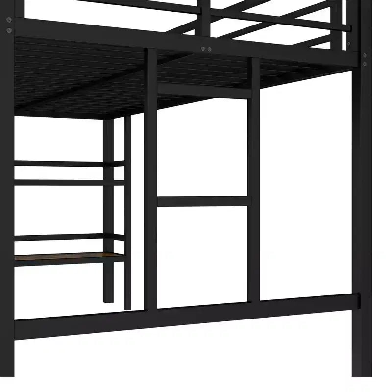 Lit mezzanine double en métal noir avec étagère de rangement