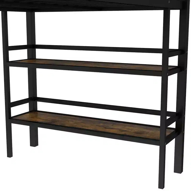 Lit mezzanine double en métal noir avec étagère de rangement