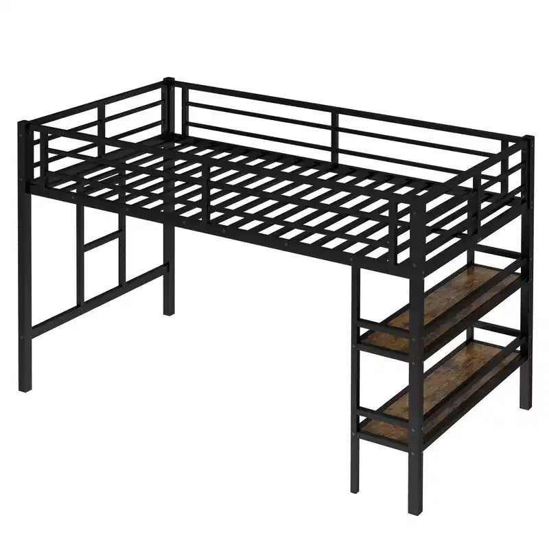 Lit mezzanine double en métal noir avec étagère de rangement