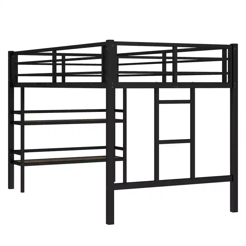 Lit mezzanine double en métal noir avec étagère de rangement
