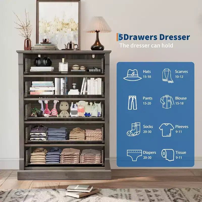Commode à cinq tiroirs pour chambre à coucher, armoire haute de style fermette