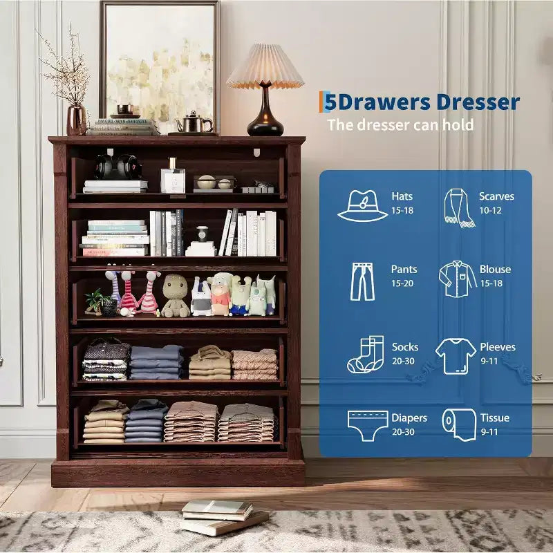 Commode à cinq tiroirs pour chambre à coucher, armoire haute de style fermette