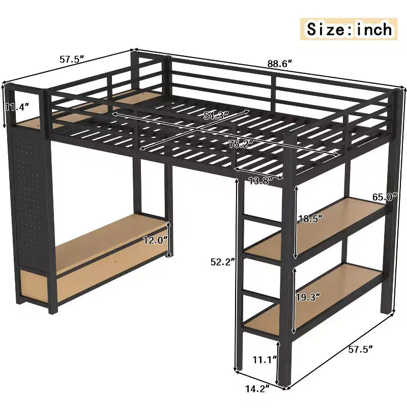 Lit mezzanine avec armoire et panneau perforé, cadre de lit mezzanine en métal avec étagères de rangement et