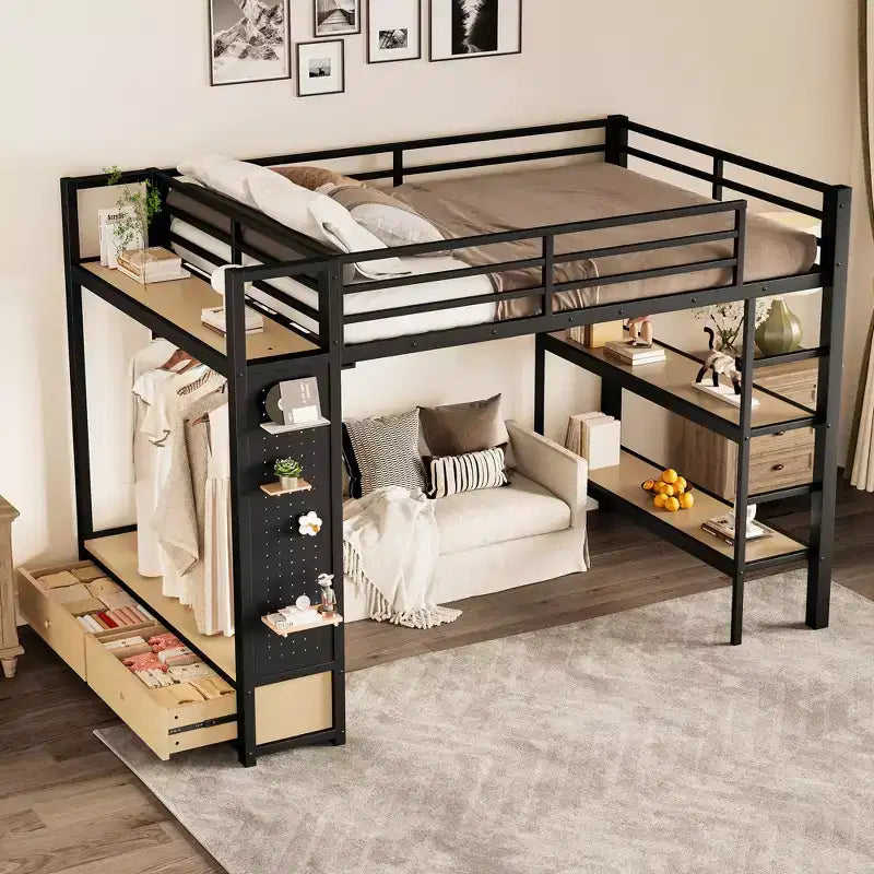 Lit mezzanine avec armoire et panneau perforé, cadre de lit mezzanine en métal avec étagères de rangement et