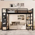 Lit mezzanine avec armoire et panneau perforé, cadre de lit mezzanine en métal avec étagères de rangement et