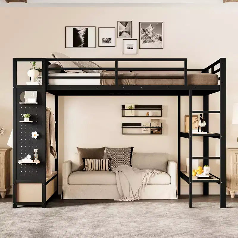 Lit mezzanine avec armoire et panneau perforé, cadre de lit mezzanine en métal avec étagères de rangement et