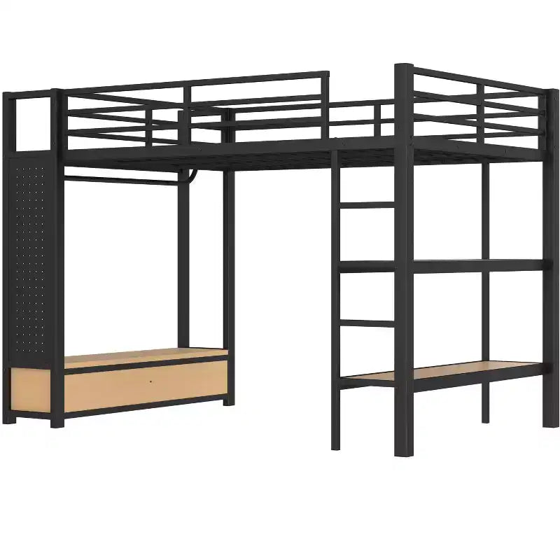 Lit mezzanine avec armoire et panneau perforé, cadre de lit mezzanine en métal avec étagères de rangement et