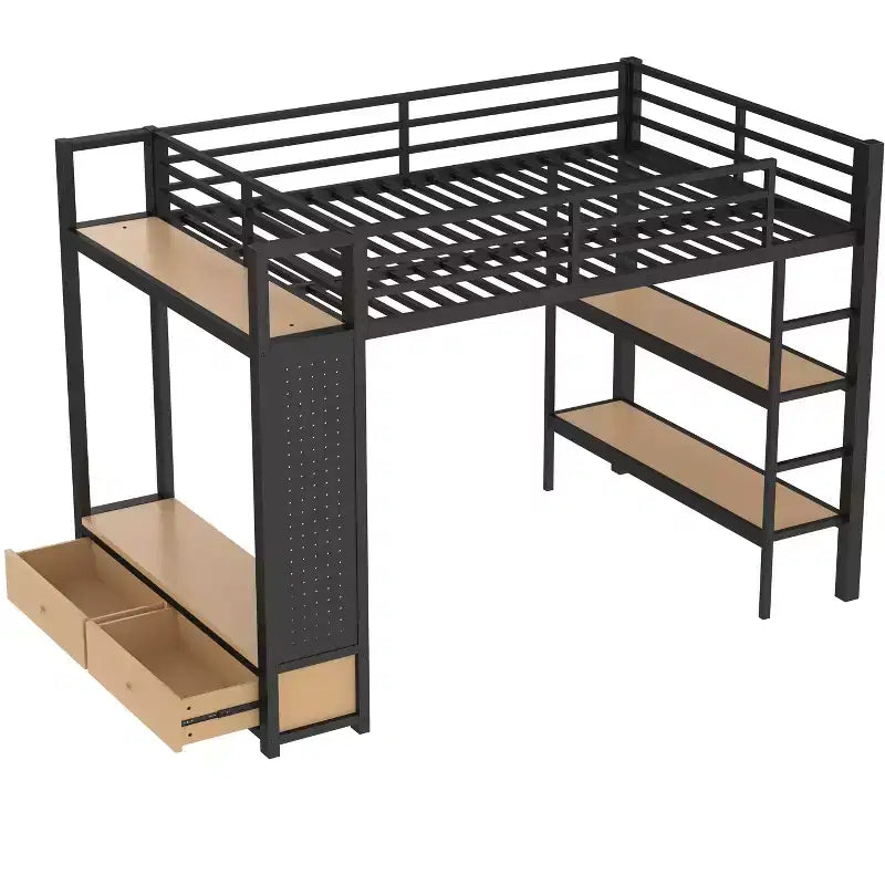 Lit mezzanine avec armoire et panneau perforé, cadre de lit mezzanine en métal avec étagères de rangement et