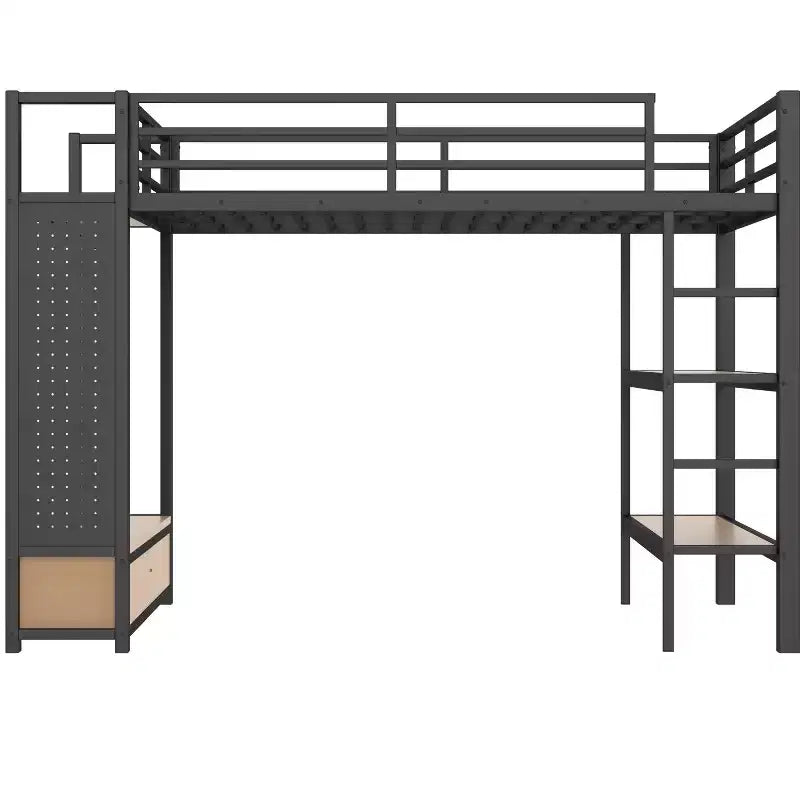 Lit mezzanine avec armoire et panneau perforé, cadre de lit mezzanine en métal avec étagères de rangement et