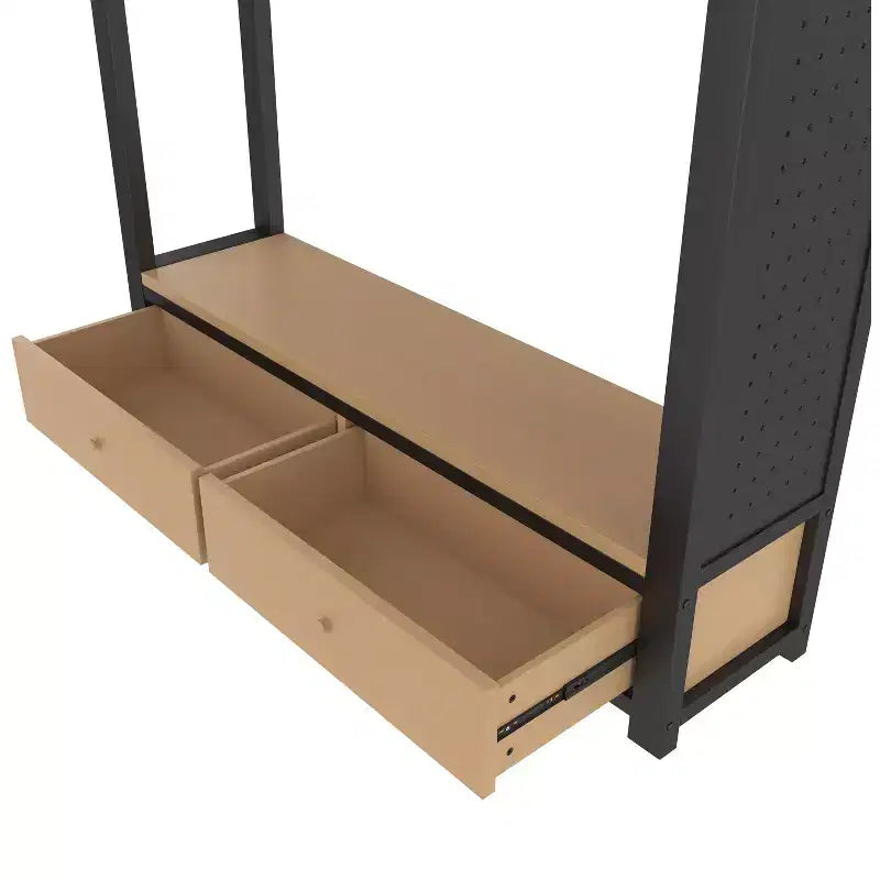 Lit mezzanine avec armoire et panneau perforé, cadre de lit mezzanine en métal avec étagères de rangement et