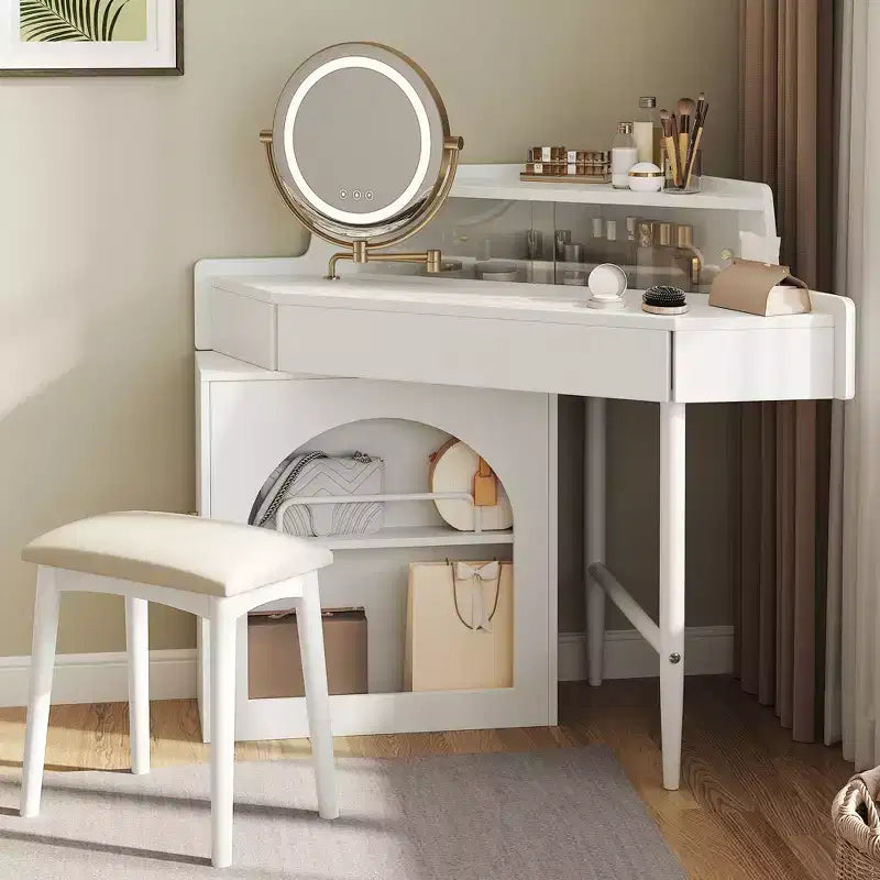 Coiffeuse d'angle avec tabouret et miroir pivotant
