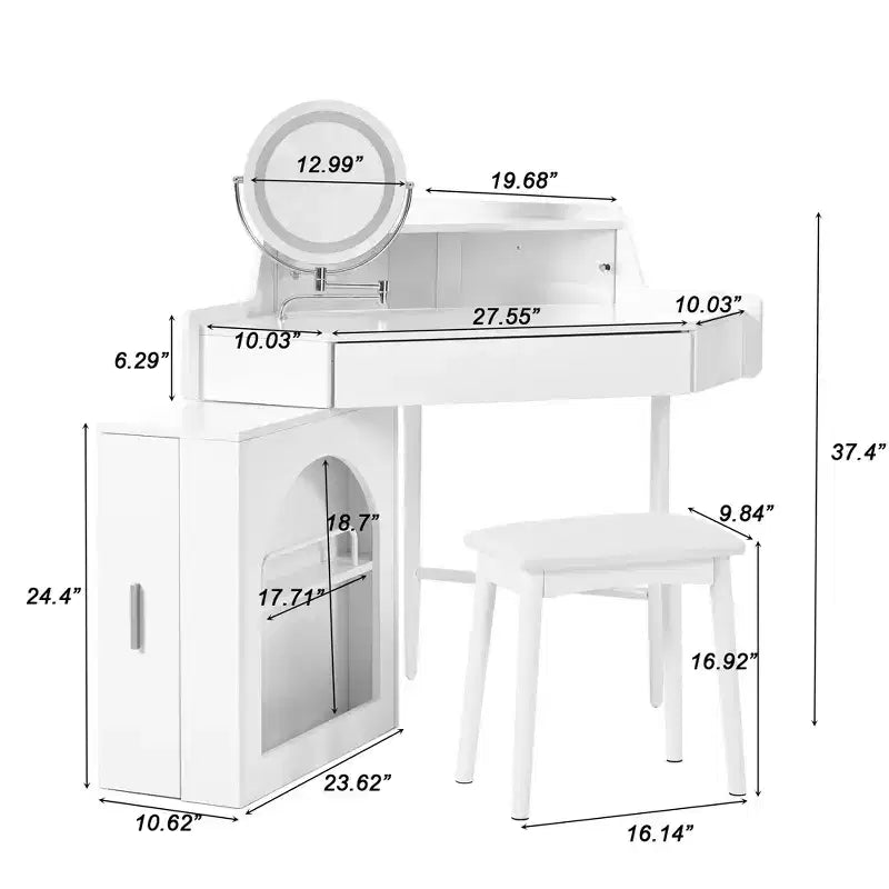 Coiffeuse d'angle avec tabouret et miroir pivotant