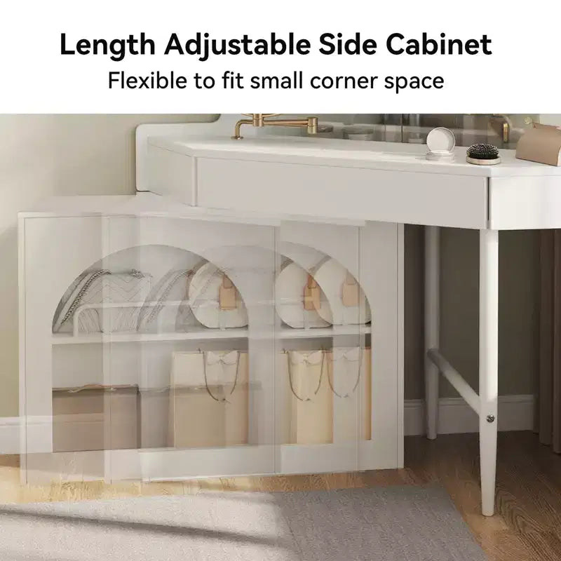 Coiffeuse d'angle avec tabouret et miroir pivotant