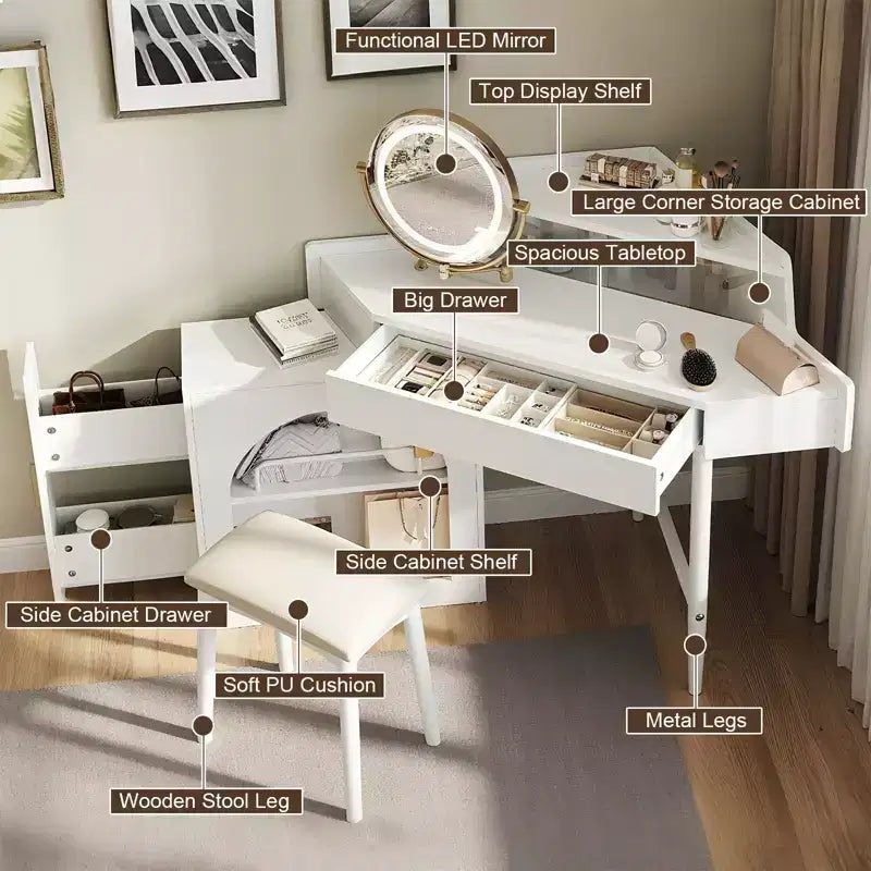 Coiffeuse d'angle avec tabouret et miroir pivotant