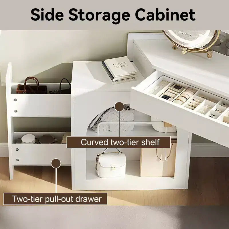 Coiffeuse d'angle avec tabouret et miroir pivotant