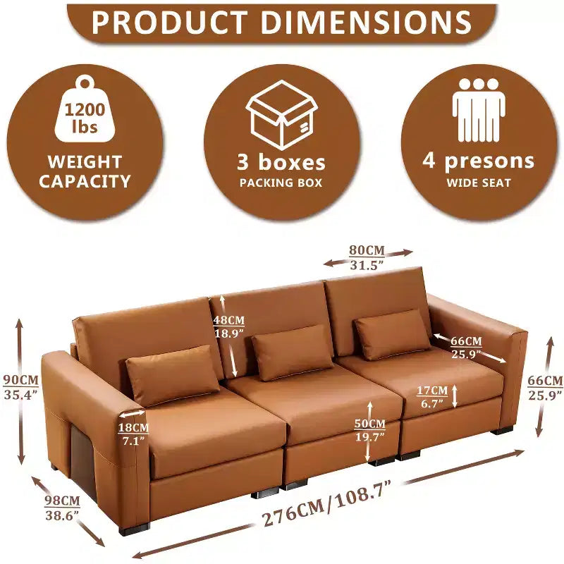 Canapé en cuir orange avec accoudoirs larges