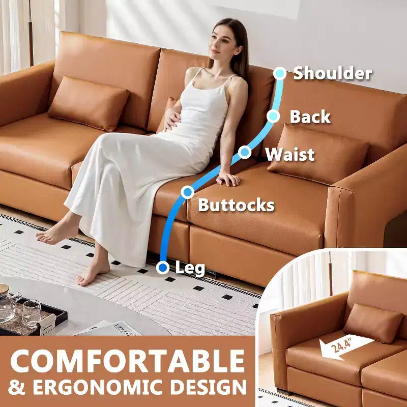 Canapé en cuir orange avec accoudoirs larges