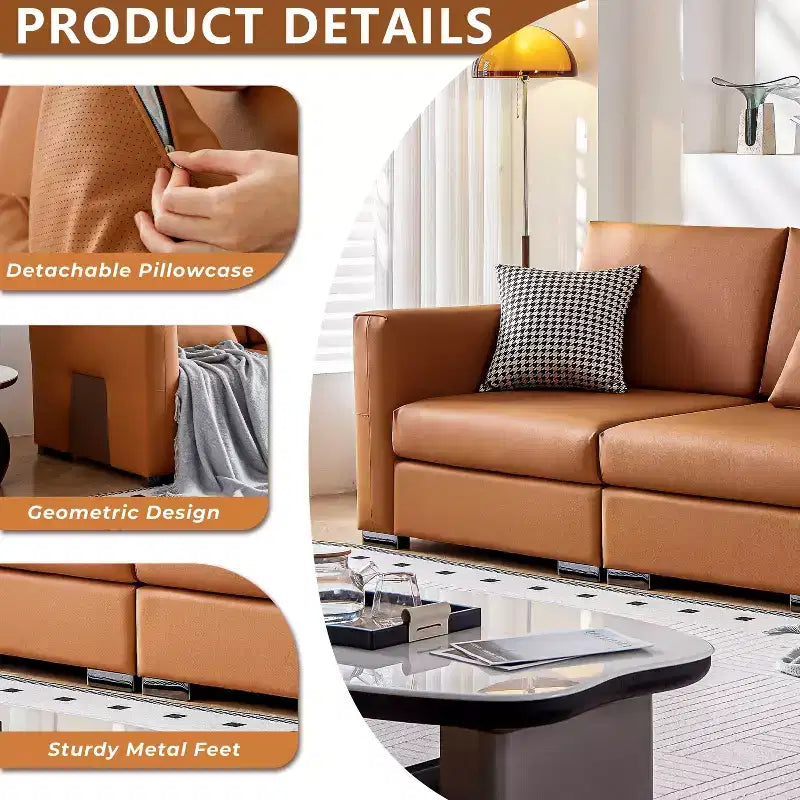 Canapé en cuir orange avec accoudoirs larges