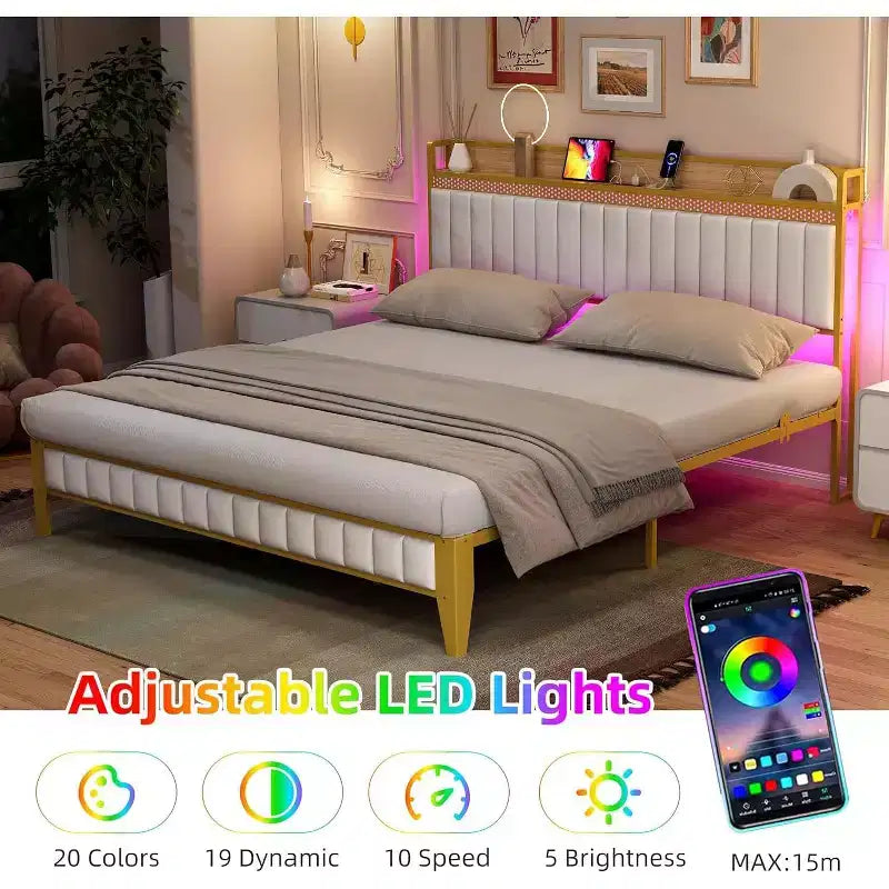 Cadre de lit plateforme tapissé avec lumières LED