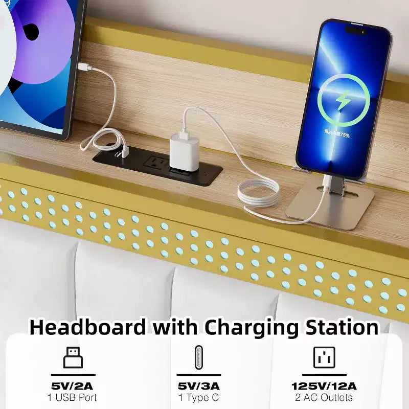 Cadre de lit plateforme tapissé avec lumières LED