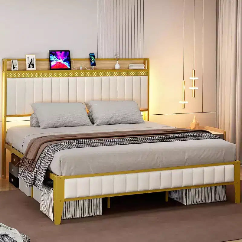 Cadre de lit plateforme tapissé avec lumières LED