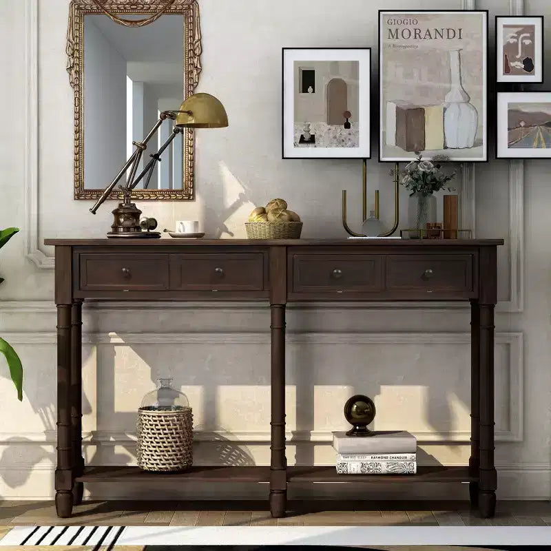 Console avec deux tiroirs de rangement et étagère inférieure