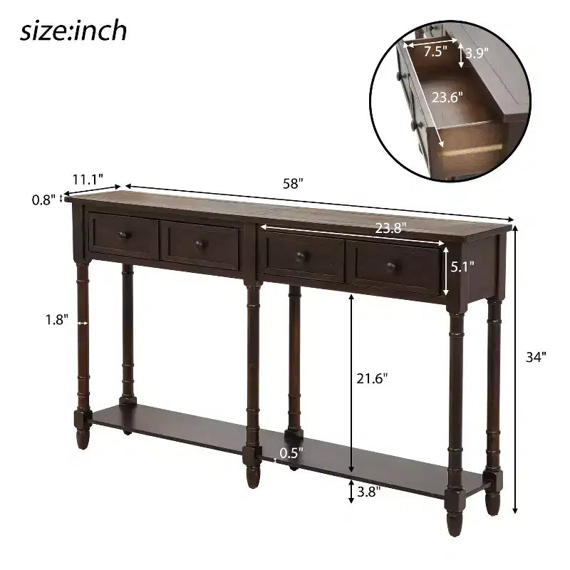 Console avec deux tiroirs de rangement et étagère inférieure
