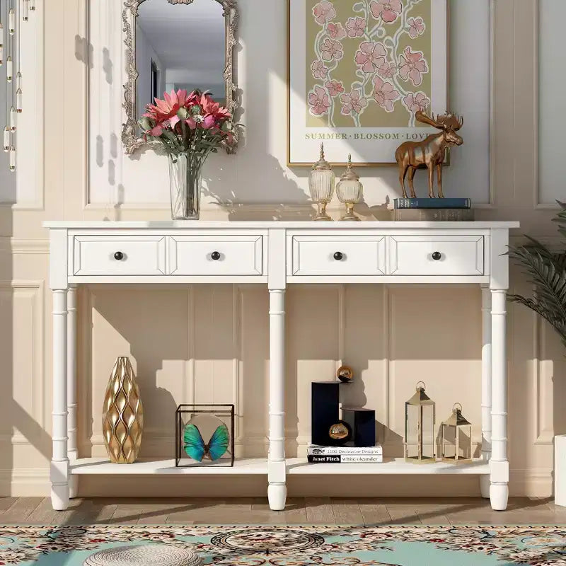 Console avec deux tiroirs de rangement et étagère inférieure