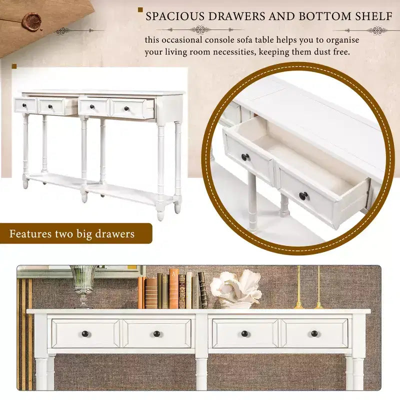 Console avec deux tiroirs de rangement et étagère inférieure