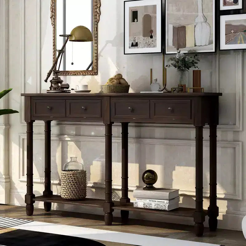 Console avec deux tiroirs de rangement et étagère inférieure