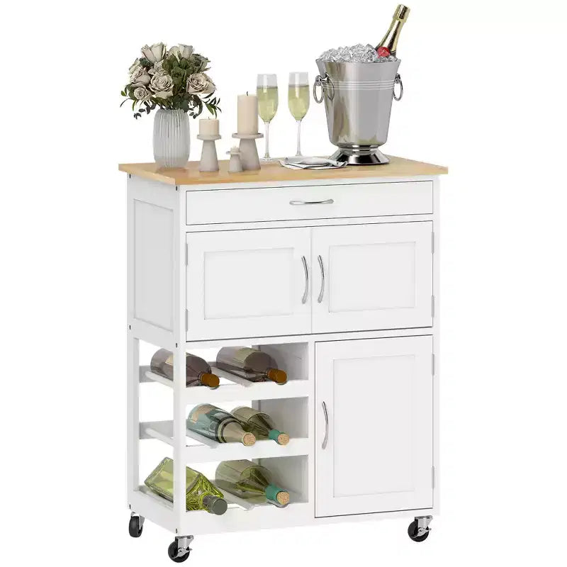 HOMCOM Bar Cart Rolling Kitchen Island on Wheels with 9-Bottle Wine Rack, Small Kitchen Cart Kitchen Storage Cabinets, Wooden Countertop, White